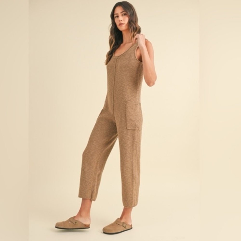 MABLE Sleeveless Knit Crop Urban Hippie Boho Jumpsuit Pockets Mocha Brown Medium - Picture 13 of 14